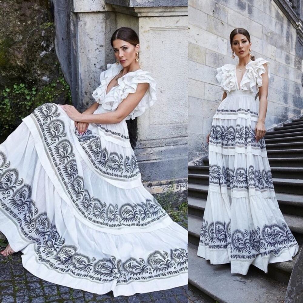 Ulla Johnson Marjorie Embroidered Tiered Ruffle Maxi Dress Gown White Size 2 NWT